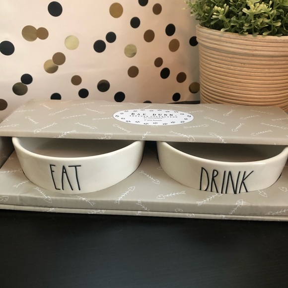 Set of Rae Dunn EAT and DRINK ceramic pet bowls